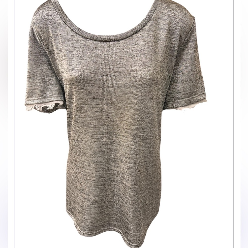 Like Love Gray Shimmering Distressed Frayed Fringe Sleeves Tee size XL
